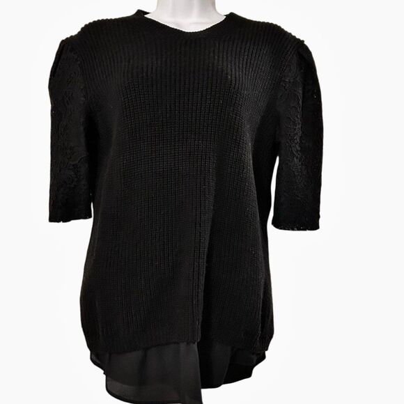 Ann Taylor Black Wool Blend Sweater Short Lace Sleeves Size M Sheer Bottom Hem - Picture 1 of 9